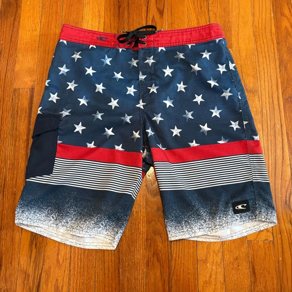 O'Neill Mens 32 Board Shorts Blue American Flag Stars Stripes 9.5
